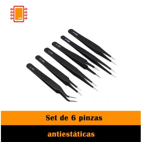 Set 6 Pinzas Precisión Antiestática Punta Fina