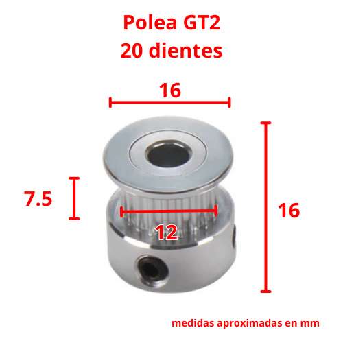Esquema con medidas de polea GT2 20 dientes