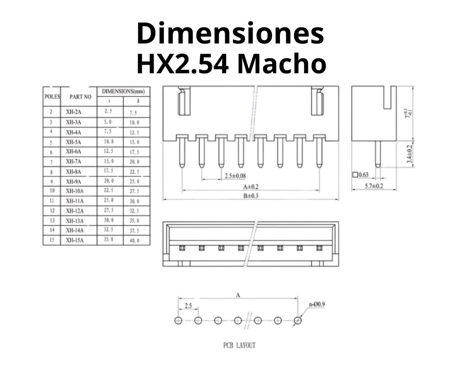 Dimensiones Conectores XH2.54mm macho 