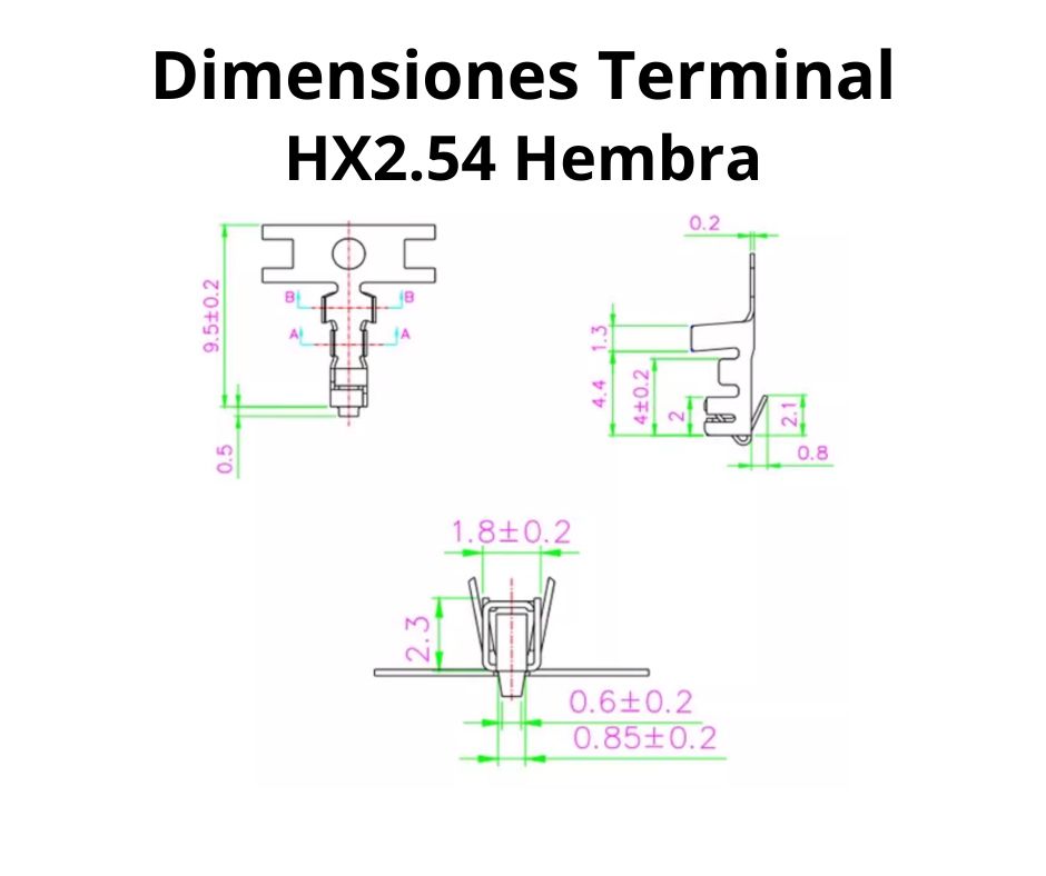 Dimensiones erminal para carcasa HX-2Y JST y compatible Molex