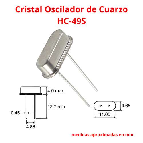 Dimensiones del encapsulado HC-49S en milímetros para montaje en PCB