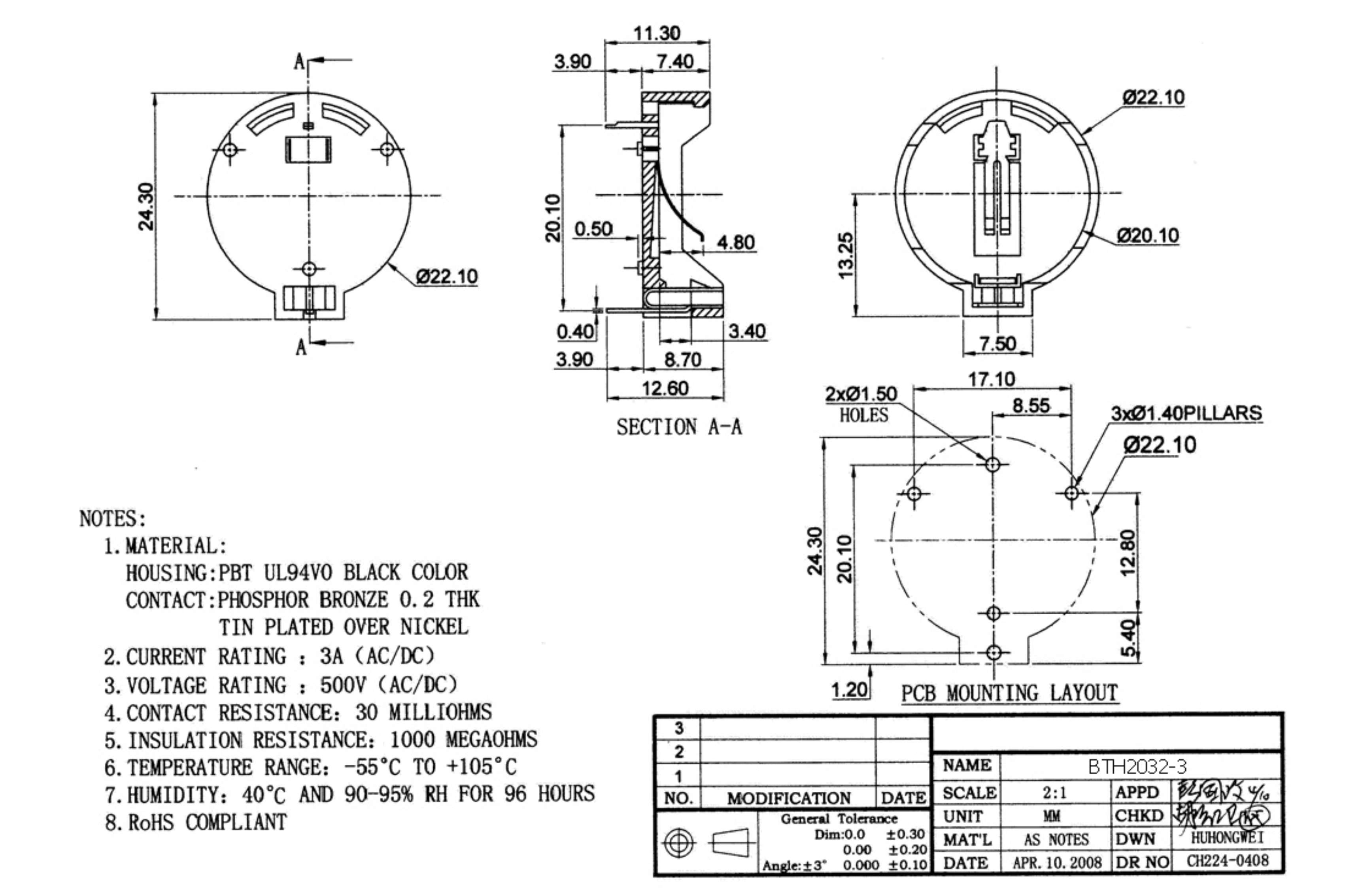 Dimensiones Porta pila CR2032 de 2 pines