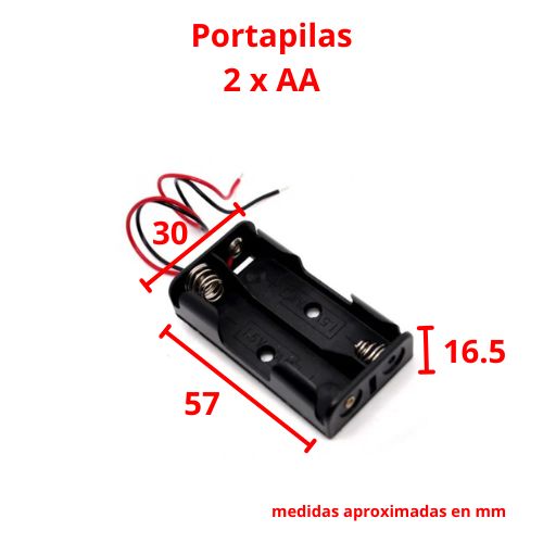 Medidas del porta pilas AA para 2 baterías con cables