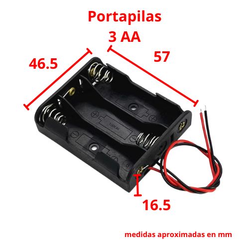 Dimensiones en milímetros del porta pilas AA para 3 baterías con conexión por cable